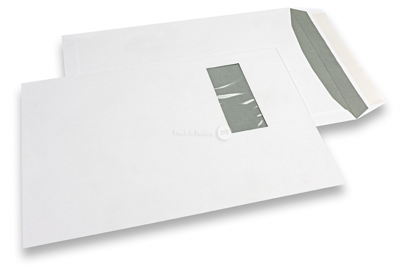 Enveloppes à fenêtre, blanche, 240 x 340 mm (EC4), fenêtre à gauche 45 x 110 mm, position de la fenêtre à 25 mm du gauche et à 70 mm du haut, bande adhésive, 120 grammes