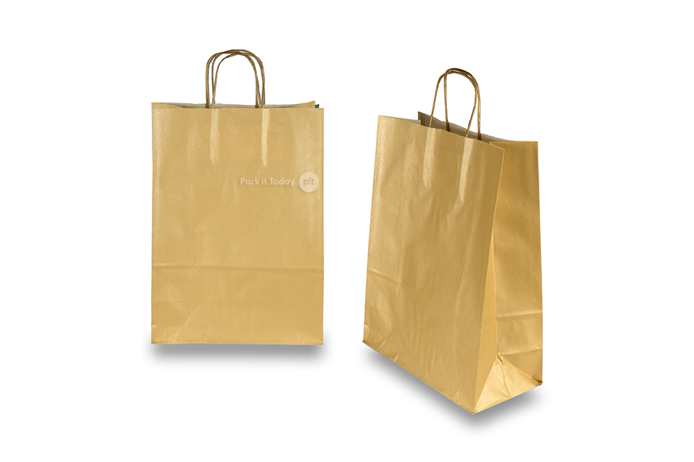 Sacs papier kraft avec anses rondes - or, 260 x 120 x 350 mm, 90 gr