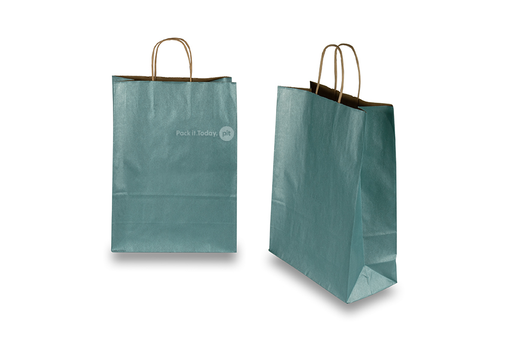 Sacs papier kraft avec anses rondes - bleu pétrole métallisé, 260 x 120 x 350 mm, 90 gr