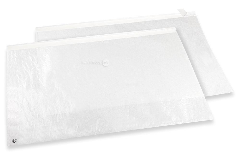 Sachets en papier cristal blanc avec bande adhésive - 550 x 500 mm, avec l'ouverture sur le côté long