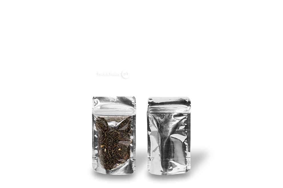 Sachets stand-up métalliques transparents - argent métallisé, 85 x 145 x 50 mm - 100 ml