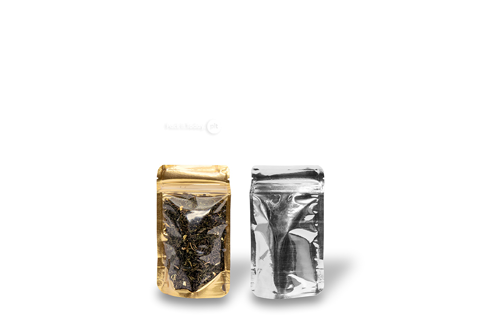 Sachets stand-up métalliques transparents - or métallisé, 85 x 145 x 50 mm - 100 ml