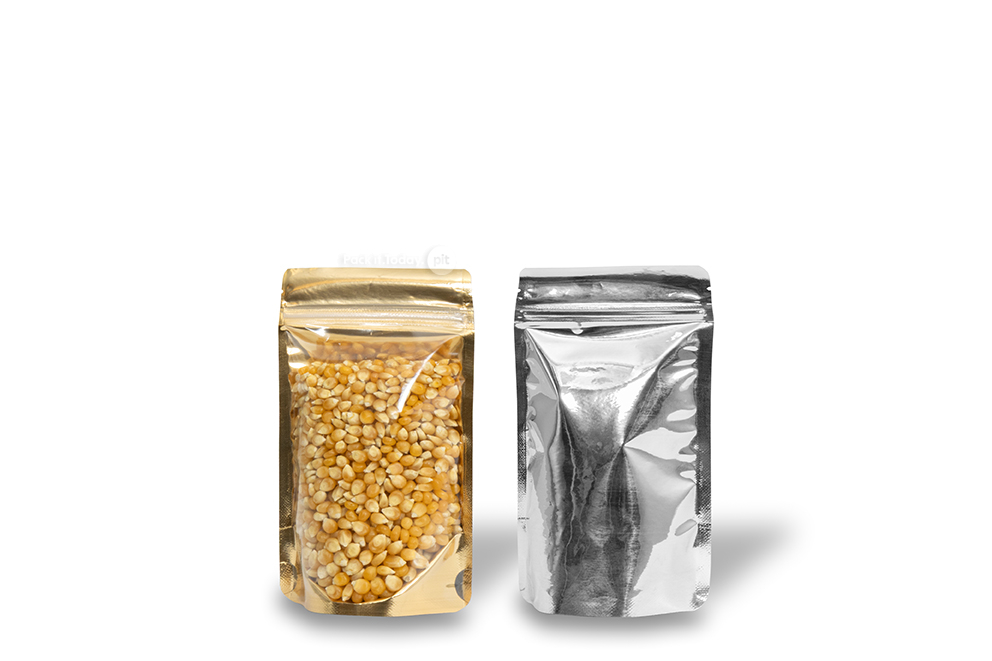 Sachets stand-up métalliques transparents - or métallisé, 110 x 185 x 70 mm - 250 ml