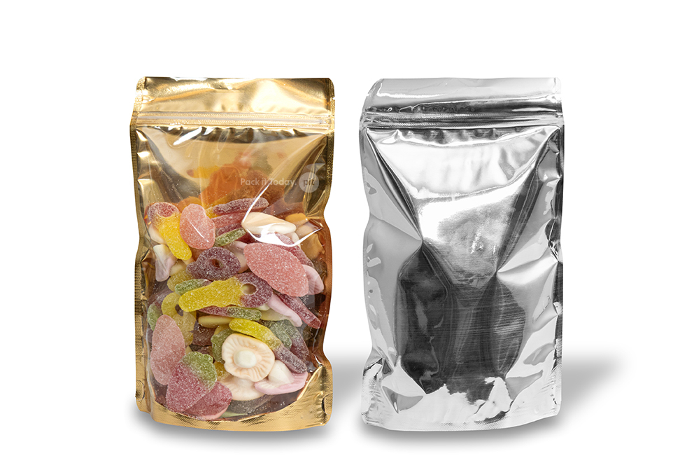Sachets stand-up métalliques transparents - or métallisé, 160 x 270 x 80 mm - 750 ml